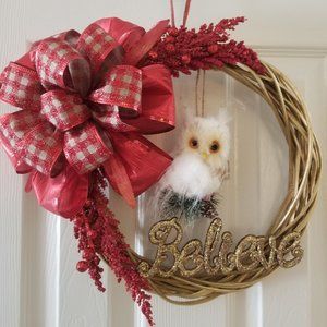 Christmas door wreath, 14" white Owel Believe NEW